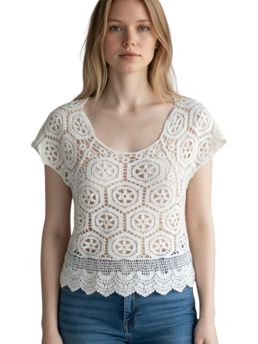 Rebellion Cropped Top Cream Size M Crochet Cotton Short Sleeve Festival Bohemian